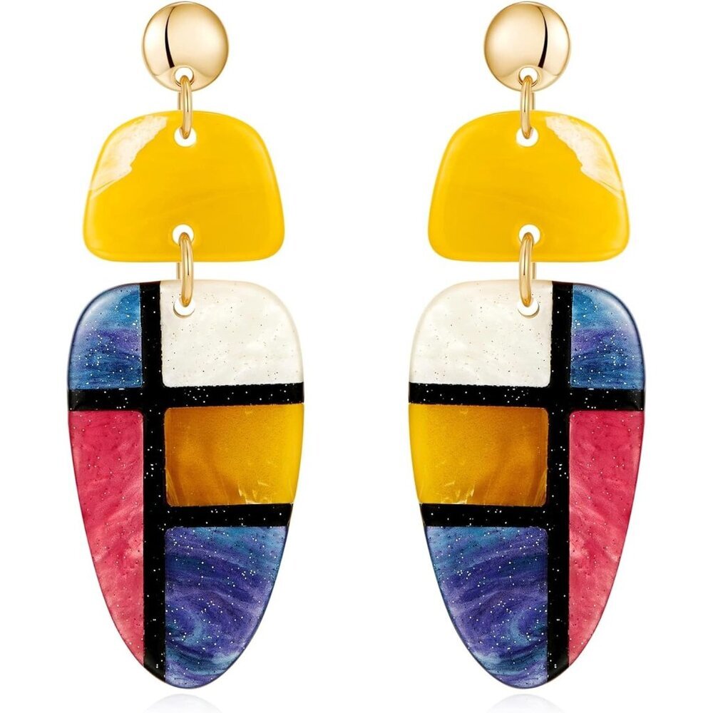 Women's Resin Plaid Boho Statement Dangle Earrings Multicolor Costume Jewelry